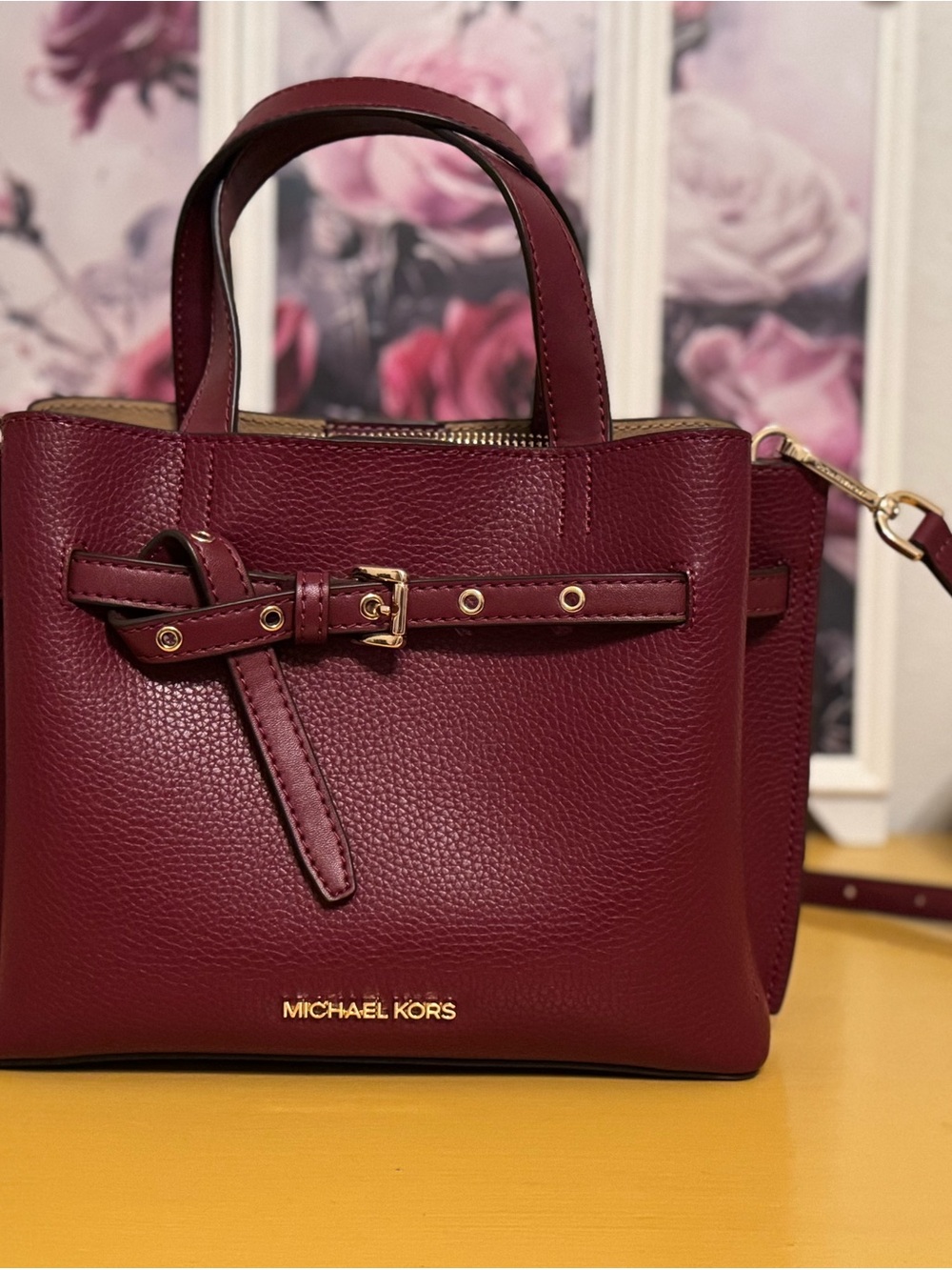Michael Kors Wine Red Pebbled Leather Satchel with Gold Hardware